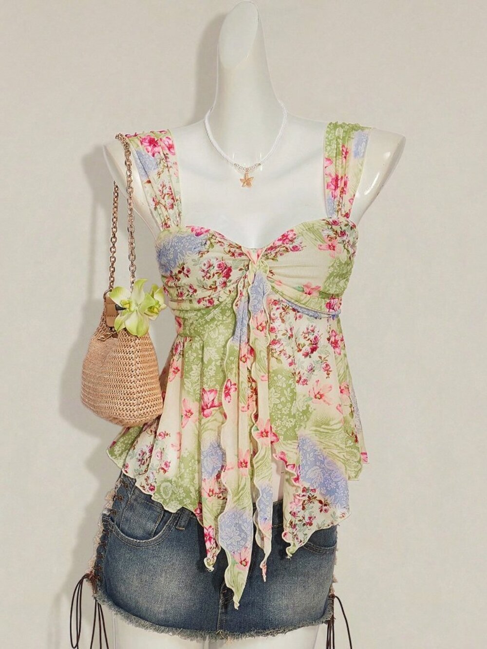 Multicolor Boho Women's Floral Print Pleated Camisole